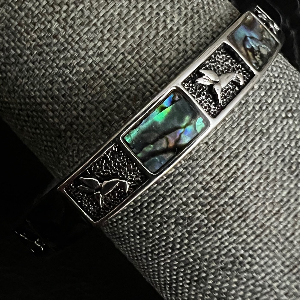 Vintage Silver Abalone Hummingbird Bangle Bracelet Size 8 Coastal Grandma